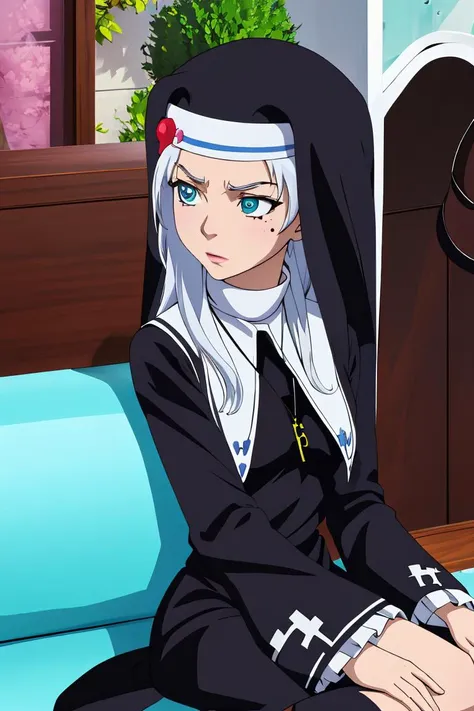 (masterpiece, best quality), 1girl, <lora:kate takayama s2-lora-nochekaiser:1> kate takayama, long hair, white hair, mole, aqua eyes, mole under eye, long sleeves, dress, jewelry, necklace, black dress, cross, nun, habit, cross necklace,