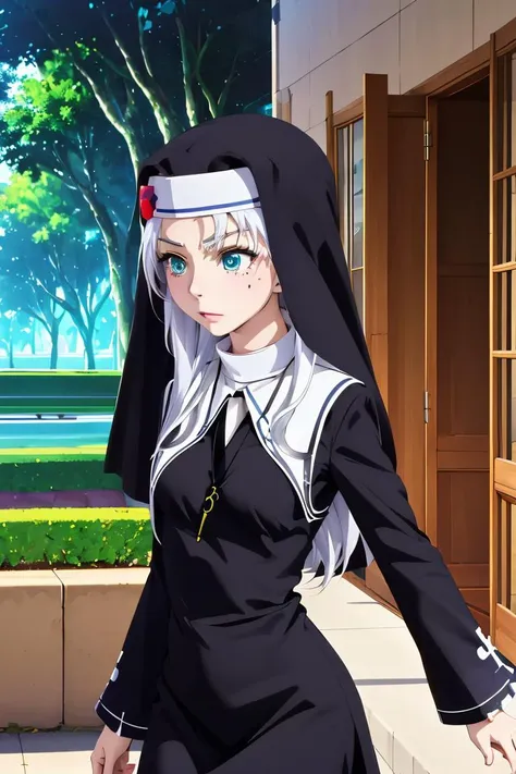 (masterpiece, best quality), 1girl, <lora:kate takayama s2-lora-nochekaiser:1> kate takayama, long hair, white hair, mole, aqua eyes, mole under eye, long sleeves, dress, jewelry, necklace, black dress, cross, nun, habit, cross necklace,