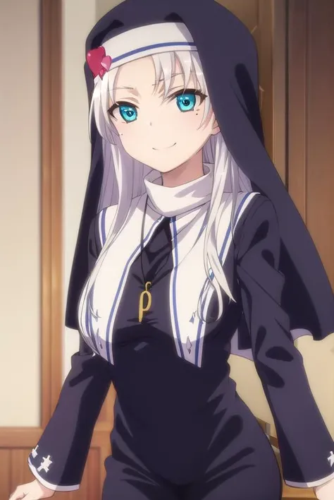 katetakayama, <lora:kate takayama s2-lora-nochekaiser:1>,
kate takayama, long hair, white hair, mole, aqua eyes, mole under eye, smile,
BREAK long sleeves, dress, jewelry, necklace, black dress, cross, nun, habit, cross necklace,
BREAK indoors, classroom,
BREAK looking at viewer, (cowboy shot:1.5),
BREAK <lyco:GoodHands-beta2:1>, (masterpiece:1.2), best quality, high resolution, unity 8k wallpaper, (illustration:0.8), (beautiful detailed eyes:1.6), extremely detailed face, perfect lighting, extremely detailed CG, (perfect hands, perfect anatomy),