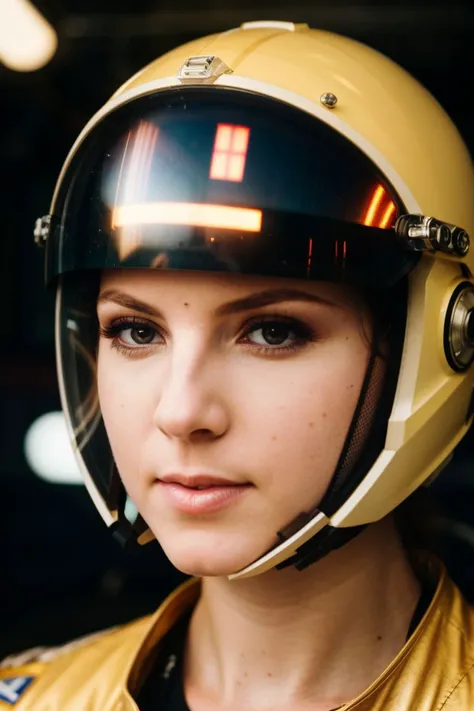 a stunning intricate full color portrait of a beautiful pale woman, race car driver jumpsuit and helmet, in an empty pit stop, dynamic, overhead lights, speedy shimmer, detailed skin, skin blemish, sharp focus, shot on HOLGA 120n, Lomochrome color film, horn-rimmed glasses  <lora:GinaGersonv2:0.8>