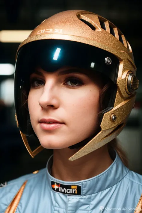 a stunning intricate full color portrait of a beautiful pale woman, race car driver jumpsuit and helmet, in an empty pit stop, dynamic, overhead lights, speedy shimmer, detailed skin, skin blemish, sharp focus, shot on HOLGA 120n, Lomochrome color film, horn-rimmed glasses <lora:GinaGersonv2:0.8>