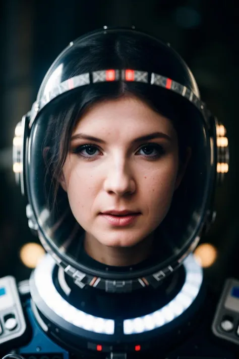 a stunning intricate full color portrait of a beautiful pale woman, Space suit and helmet, near an isolated crossroads, teasing, Sharp Focus, low key lighting, shot on Lumix GH5, cinematic bokeh, detailed skin, in the style of (Richard Avedon:1.4)  <lora:GinaGersonv2:0.8>