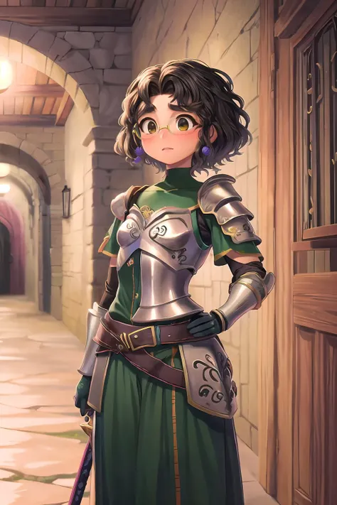 <lora:more_details:0.3>, (best quality:1.2), (masterpiece:1.2), (highly detailed:1.2), fantasy, mirabel madrigal, tan skin, glasses, (armor:1.3), dungeon hallway, inside, sword, goblin, <lora:MirabelMadrigal_v1:1>