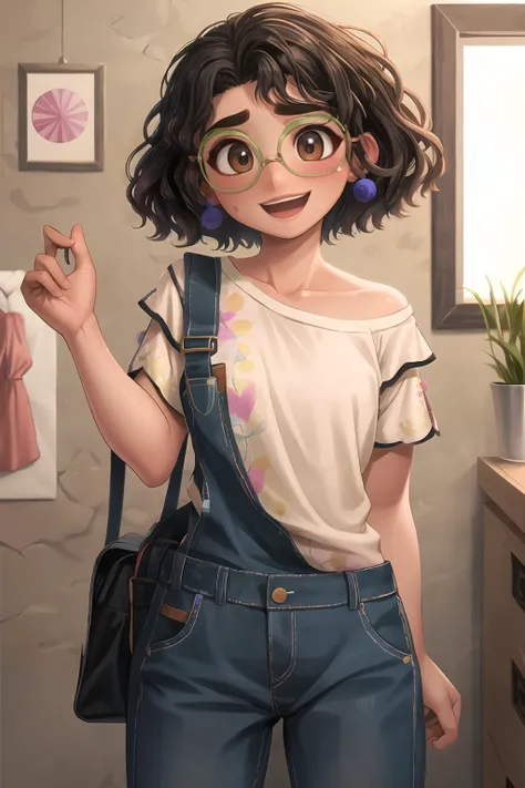 <lora:more_details:0.3>, (best quality:1.2), (masterpiece:1.2), (highly detailed:1.2), mirabel madrigal, tan skin, glasses, happy, overalls, stains, workshop, strap slip, <lora:MirabelMadrigal_v1:1>