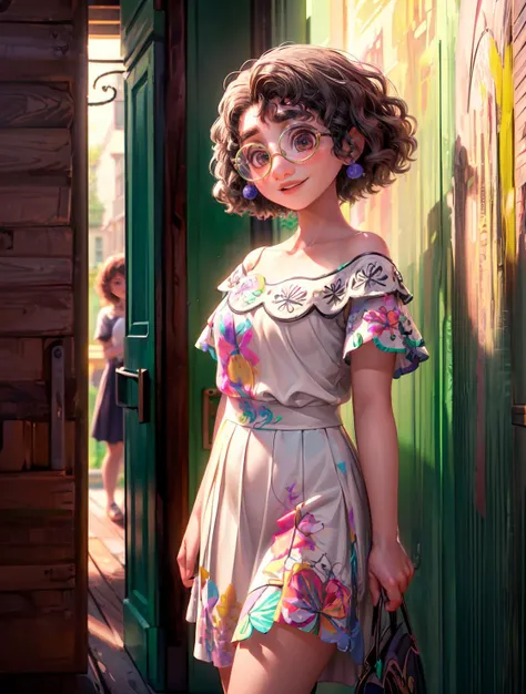 (masterpiece, best quality, tradiotional media:1.4), 1girl, mirabel madrigal, glasses, smile, looking at viewer, white blouse,green skirt, <lora:MirabelMadrigal_v1:1>,  <lora:add_detail:1>