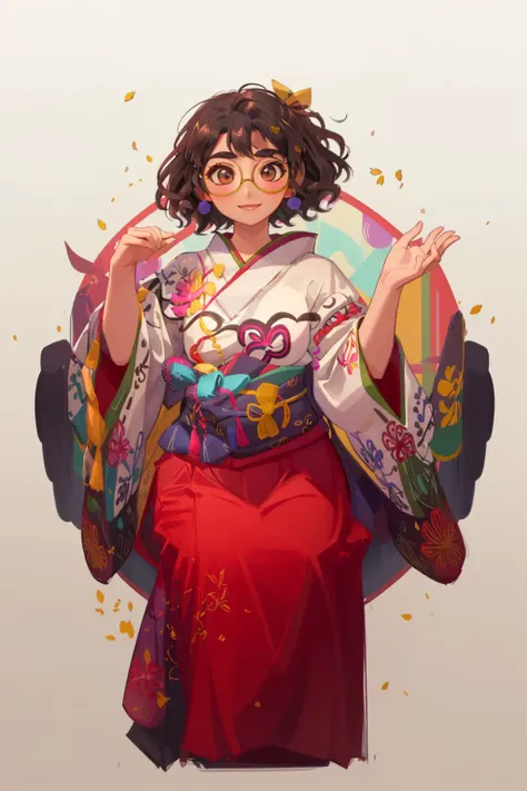 (masterpiece, best quality, high resolution:1.4), 1girl, (plump), mirabel madrigal, (red kimono:1.2) glasses, smile, looking at viewer, <lora:MirabelMadrigal_v1-000024:1>