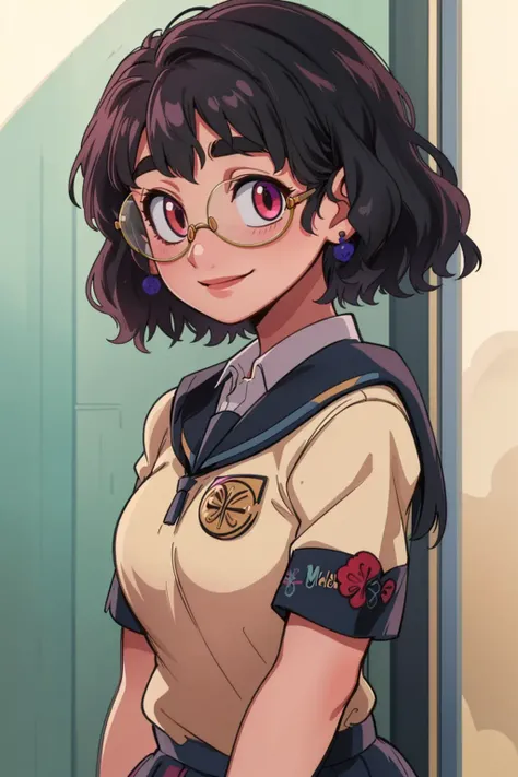 (masterpiece, best quality, high resolution:1.4), 1girl, mirabel madrigal, (school uniform:1.2)  glasses, smile, looking at viewer, <lora:MirabelMadrigal_v1-000024:1>