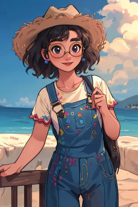 (masterpiece, best quality, high resolution:1.4), 1girl, mirabel madrigal, overalls, t-shirt, cowboy hat, glasses, smile, looking at viewer, <lora:MirabelMadrigal_v1-000024:1>