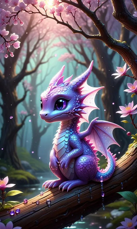 vintage, double exposure water drops, made of tiny dots macrorealism surreal, visible brushstrokes extremely cute tiny chibi holographic pastel pink and purple glowing transparent bioluminescent dragon sitting on blossoming tree branch forest, gemstones, crystals, macrodetailed skin texture, sun in every skin scale cozy wood looking at me sketch by Craola, big detailed glowing eyes, detailed face flowers, leaves, fantasy, by [Anton Semenov | Carl Rungius | Ivan Rabuzin | Ed Emshwiller] cinematic, 32k, sunbeams, ultra highly detailed, dynamic intricated pose, luminous unusual delicate fog, highly detailed, intricated, intricated pose, oil painting, thick strokes, masterpiece, high quality, centered, perfect composition