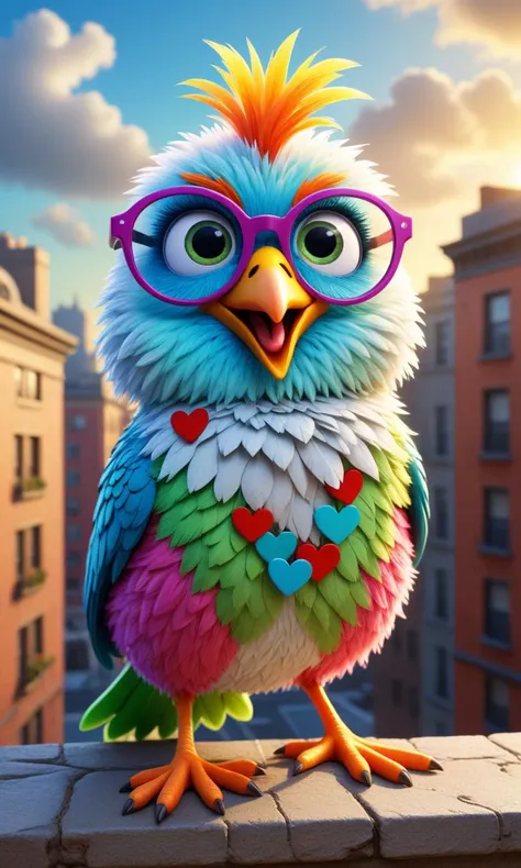 Whimsical fluffy bird wearing giant colorful eyeglasses, cute and adorable, popping crazy eyes, staring at the viewer, the bird is on a city apartment ledge, mixed media, fuzzy, collage, cross eyed, confused expression, tilted head, humorous, funny expression, hearts, crazy adorable creature sculpture, 3D, texture, by McKay, silly, hyper detailed, magical, mindblowing image, statement making, stunning, festive backdrop, fantastical, highly detailed, inspiring, hyper detailed, creative, perfect composition, 8K, award winning, professional concept art, beautiful lighting, sunlight, ambient lighting, sunbeams