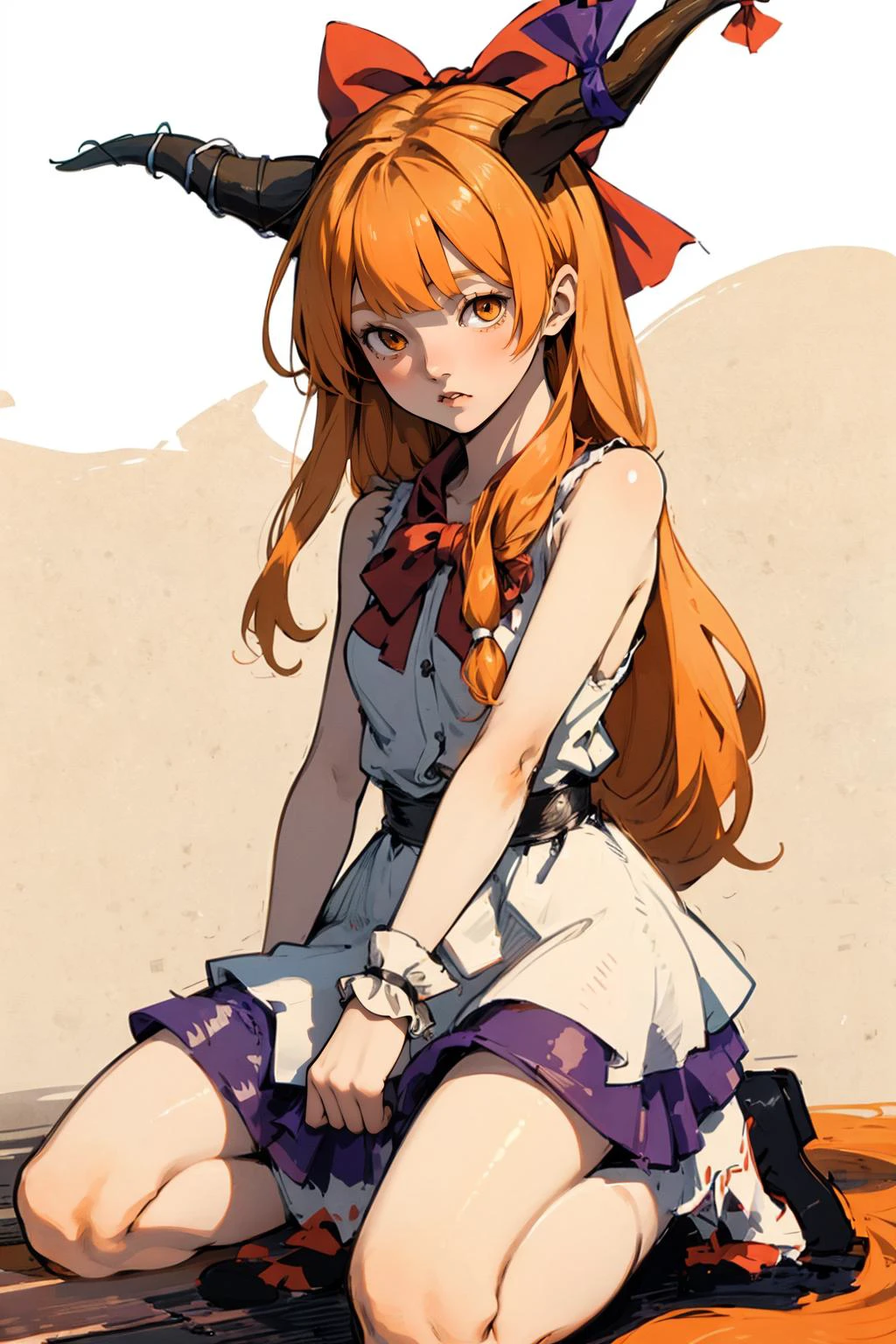 high quality:1.3 , whole-body, on one knee, <lora:Ibuki_Suika_Touhou:.8> Ibuki_Suika_Touhou, horns, ibuki suika, 1girl, long hair, solo, bow, hair bow, horn ornament, ribbon, horn ribbon, orange hair, shirt, sleeveless, red bow, sleeveless shirt, afraid
