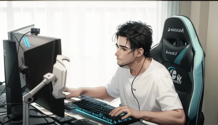masterpiece, highres,
a man, handsome, 31 years old, black hair, black eyes, white shirt, jeans, sneakers, (game anchor), in a room, (sitting on an esports chair), the man is facing the computer, (some trophies are on the shelf next to the computer), (((there are two monitors on the table))), touch the mouse with one hand, place the other hand on the keyboard, short hair, (((parted bangs))), bangs,