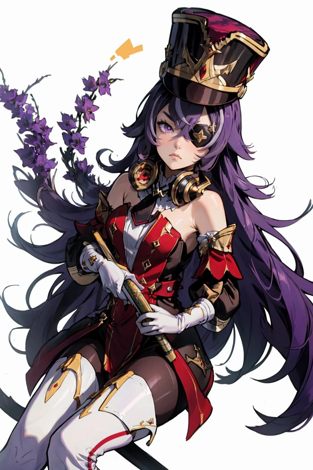 high quality:1.3 , lifestyle, straddling, <lora:Chevreuse_Genshin:.8> Chevreuse_Genshin, 1girl, solo, long hair, purple hair, purple eyes, eyepatch, multicolored hair, uniform, headphones around neck, white thigh boots, shako cap, dress, detached sleeves, gloves,, frown