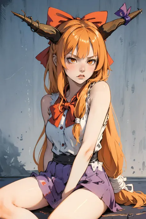 high quality:1.3 , modelshoot, thigh straddling, <lora:Ibuki_Suika_Touhou:.8> Ibuki_Suika_Touhou, horns, ibuki suika, 1girl, long hair, solo, bow, hair bow, horn ornament, ribbon, horn ribbon, orange hair, shirt, sleeveless, red bow, sleeveless shirt, angry