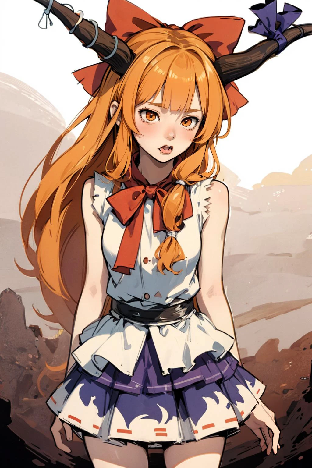 high quality:1.3 , editorial, standing, <lora:Ibuki_Suika_Touhou:.8> Ibuki_Suika_Touhou, horns, ibuki suika, 1girl, long hair, solo, bow, hair bow, horn ornament, ribbon, horn ribbon, orange hair, shirt, sleeveless, red bow, sleeveless shirt, disgusted