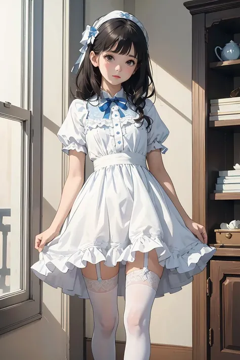 (masterpiece, best quality), 1girl, blue and white frill dress, (white stockings), cute face, standing, indoor, intricate detail, sunlight,