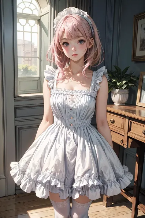 (masterpiece, best quality), 1girl, blue and white frill dress, (white stockings), pink hair, cute face, standing, indoor, intricate detail, sunlight, <lora:add_detail:1>