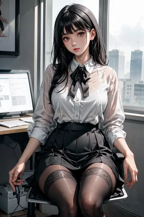 (masterpiece, best quality), a young black haired girl office secretary dressed in a transparent white blouse and black office skirt and black pantyhose ,sitting in an office chair, holding pencil, (detailed skin:1.3),(detailed eyes), (sharp focus), <lora:add_detail:1>
