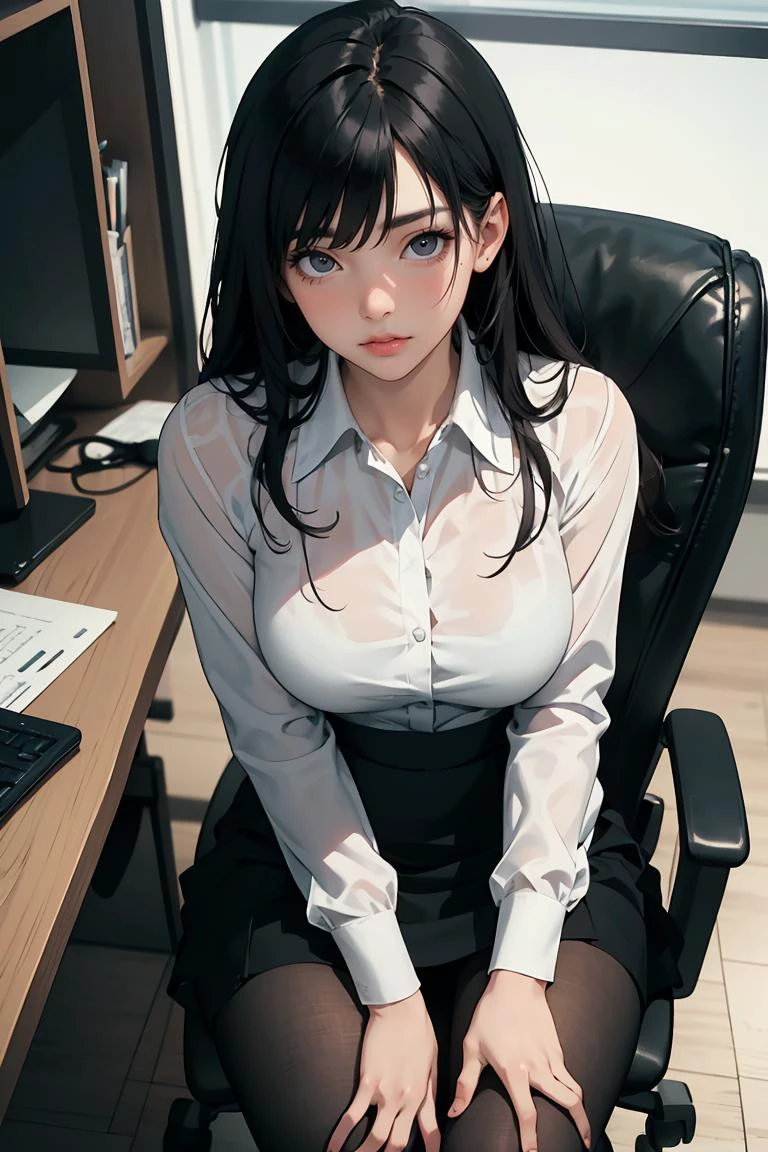 (masterpiece, best quality), a young black haired girl office secretary dressed in a transparent white blouse and black office skirt and black pantyhose ,sitting in an office chair, holding pencil, (detailed skin:1.3),(detailed eyes), (sharp focus),