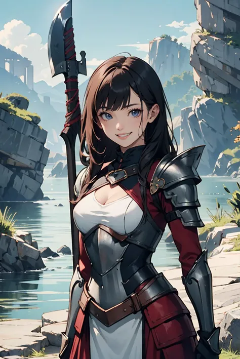 (masterpiece, best quality), 1girl, solo, small breasts, wide hips, armor, rocks, grin, upper body, ginger, axe, strong arms