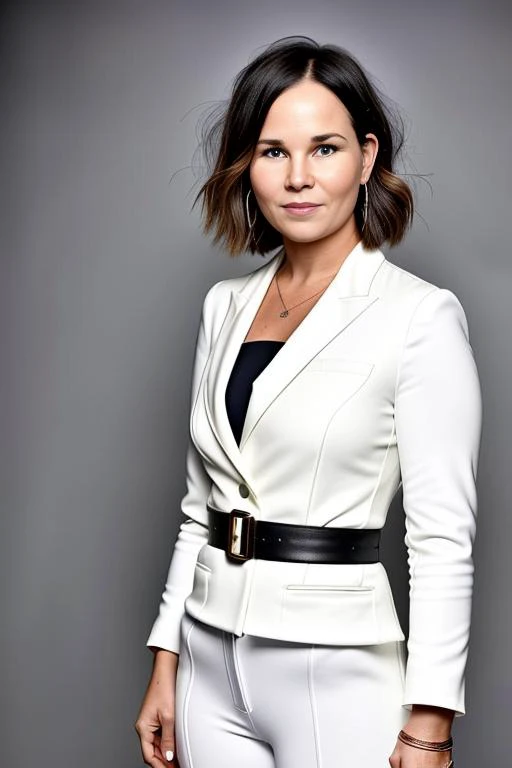 40 y.o. woman (AnnaBae:0.85) with (superhero:0.6), white outfit with AB Logo, tight crotch, half long black hair, green eyes, parting on the left, cameltoe:1.4, soft lighting, hasselblad h6d-400c 1.4