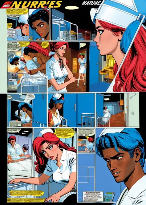 nursecomics, comic book page, nurses treating patients, diverse characters, action, Peter Fonda, romance, hospital, <lora:nursecomics:1>