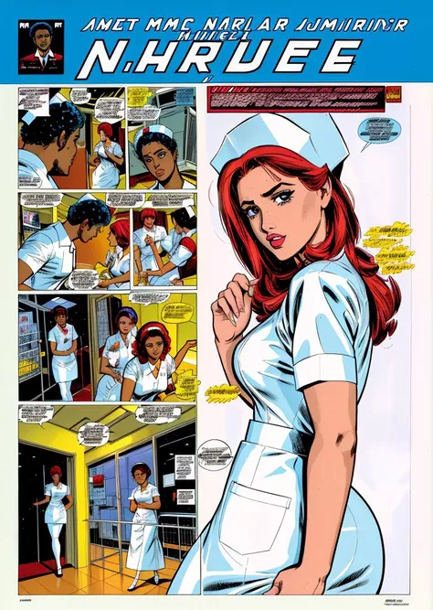 nursecomics, comic book page, nurses treating patients, diverse characters, action, Peter Sellers, romance, cover art, hospital, <lora:nursecomics:1>