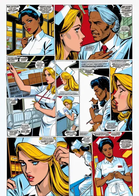 nursecomics, comic book page, nurses treating patients, diverse characters, action, Jeff Bridges, romance, hospital, <lora:nursecomics:1>