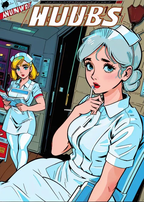 "Masterpiece with the best quality and great detail: nurse in the infirmary, dressed in an elegant white dress with pronounced neckline, curtains around, highlighting her large breasts."
