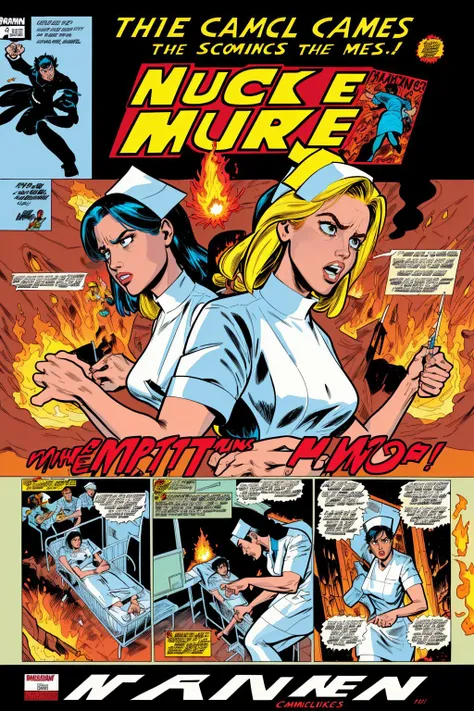 <lora:nursecomics:1> nursecomics, comic book page,
female characters, fire in the hospital, smoke, flames, action, dramatic, cover art