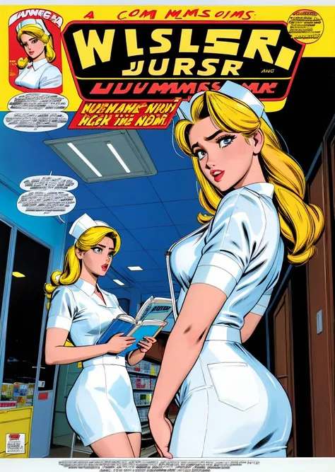 nursecomics, comic book page, nurses treating patients, diverse characters, action, Jack Lemmon, romance, hospital, cover art, <lora:nursecomics:1>