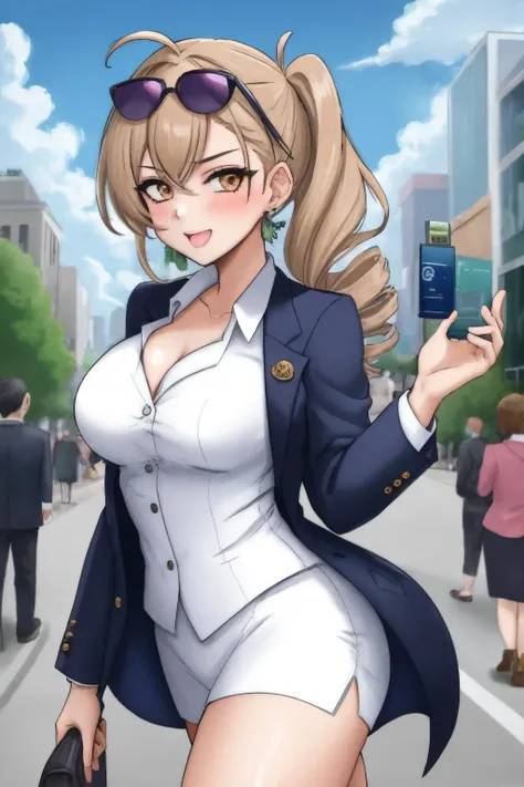1girl,suit, in the city, eyewear on head, <lora:Eyewear:0.7>