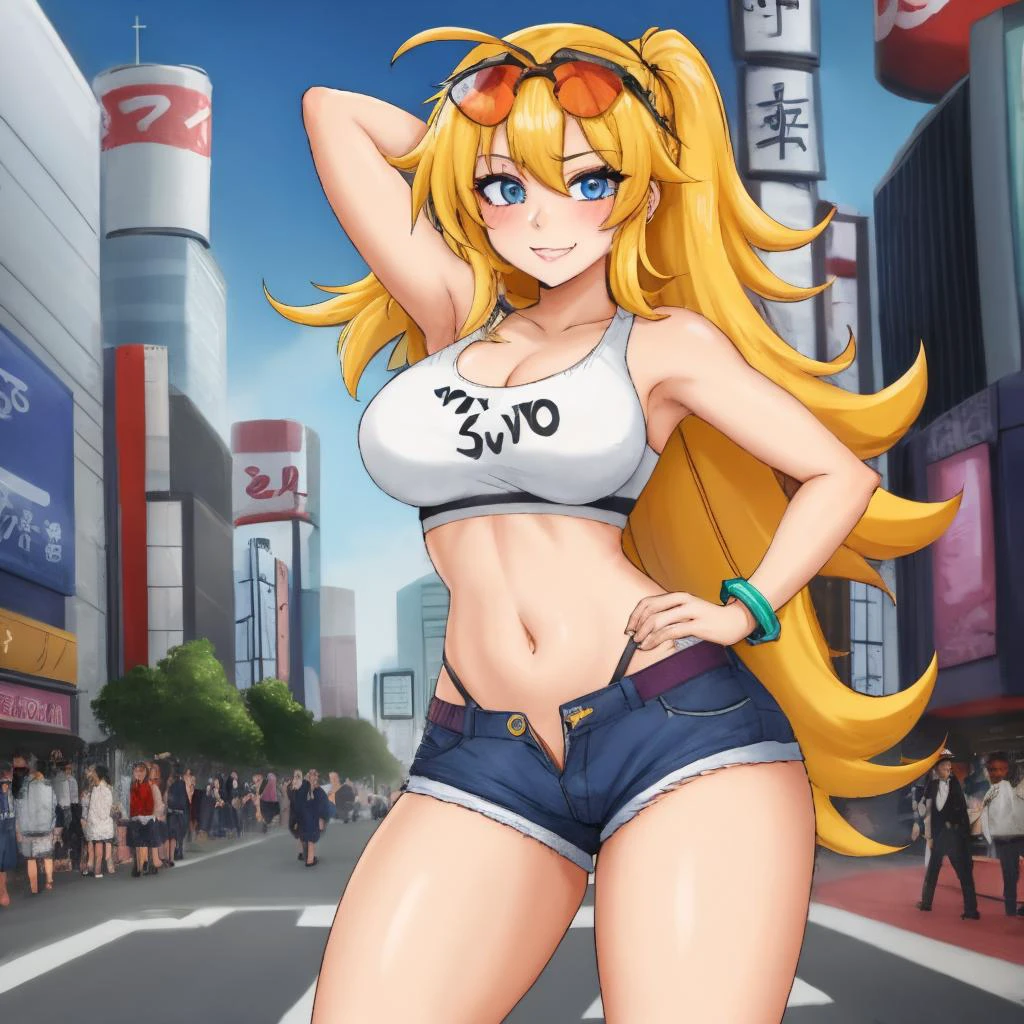 1girl, short shorts, in the tokyo \(city\), eyewear on head, <lora:Eyewear:0.7>