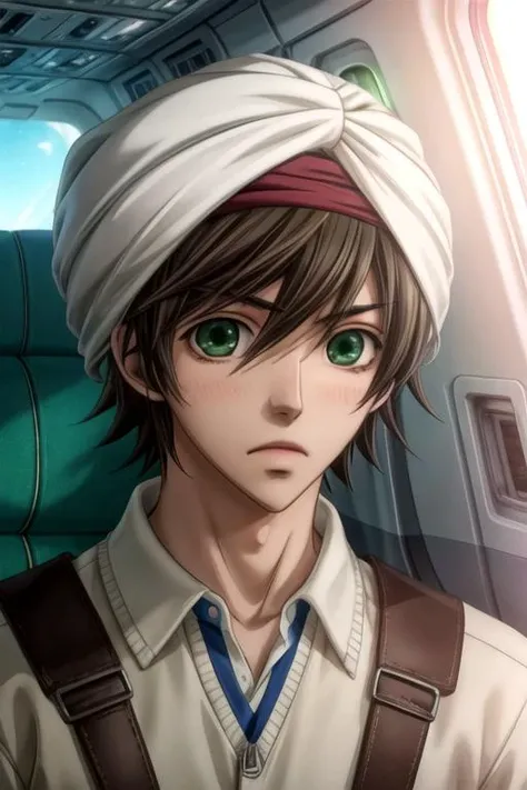 masterpiece, best quality, wallpaper, 1boy, solo, male focus, looking at viewer, , depth of field, anime coloring, , <lora:misaki_takahashi:0.72>, misaki_takahashi, brown hair, green eyes, , turban, airplane interior, 4k resolution