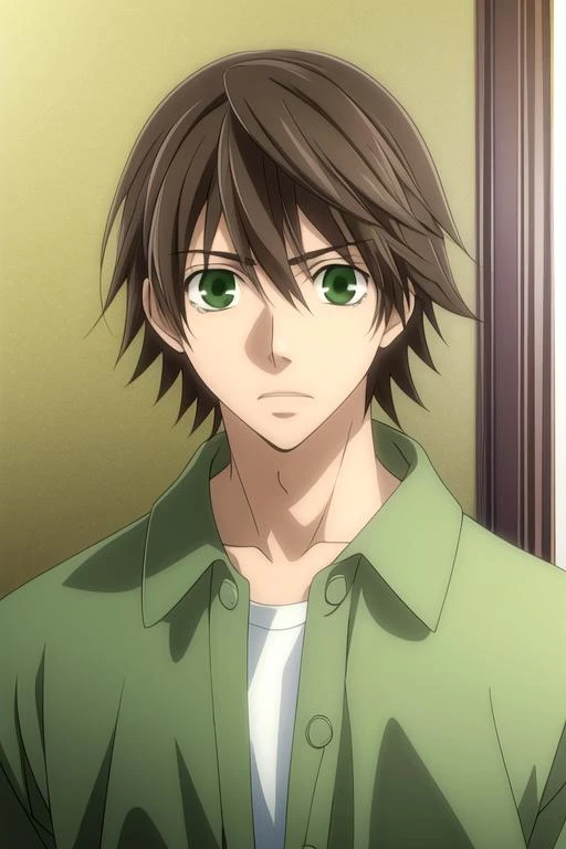 masterpiece, best quality, wallpaper, 1boy, solo, male focus, looking at viewer, upper body, , , realistic, <lora:misaki_takahashi:0.66>, misaki_takahashi, brown hair, green eyes