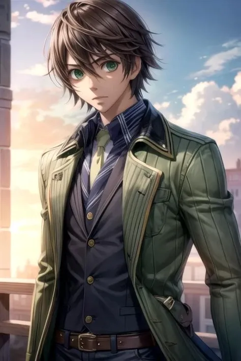 masterpiece, best quality, photorealistic, 1boy, solo, male focus, looking at viewer, upper body, depth of field, anime coloring, realistic, <lora:misaki_takahashi:0.74>, misaki_takahashi, brown hair, green eyes, outlaw costume, ,