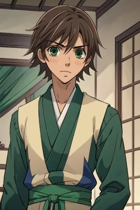 masterpiece, best quality, game cg, 1boy, solo, male focus, looking at viewer, upper body, , anime coloring, , <lora:misaki_takahashi:0.68>, misaki_takahashi, brown hair, green eyes, jester costume, feudal japan,
