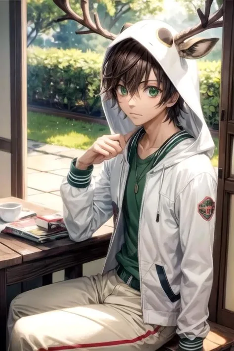masterpiece, best quality, wallpaper, 1boy, solo, male focus, looking at viewer, , , , , <lora:misaki_takahashi:0.66>, misaki_takahashi, brown hair, green eyes, deer costume, megastructure, 32k resolution
