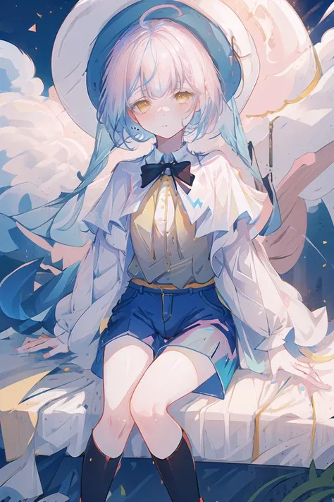 ((masterpiece)), (best quality), partical effect, very detailed CG, dreamy, movie lights, (solo), <lora:kaoru-1.0-v5:0.6>, deep blue shorts, outfit, hat, (white capelet), black tie, long sleeves, yellow eyes, (pink to blue gradient hair), gradient hair, small breast, (+ +), sitting, full moon,