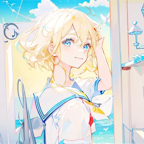 1girl, solo, shirt, smile, looking at viewer, sailor collar, short hair, white shirt, ocean, school uniform, serafuku, blonde hair, blue eyes, upper body, sky, short sleeves, white sailor collar, closed mouth, day, outdoors, wind, blue sky, bangs, bird, looking to the side, horizon, white hair