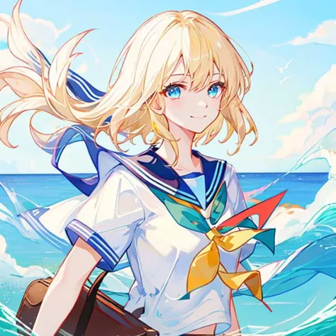 1girl, solo, shirt, smile, looking at viewer, sailor collar, short hair, white shirt, ocean, school uniform, serafuku, blonde hair, blue eyes, upper body, sky, short sleeves, white sailor collar, closed mouth, day, outdoors, wind, blue sky, bangs, bird, looking to the side, horizon, white hair,