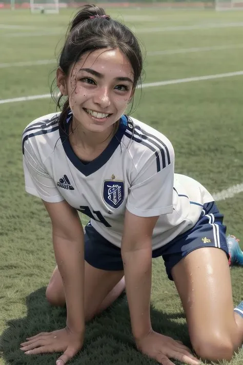 soccer uniform, soccer field, 1girl, sweaty skin, huge smile, sweaty hair, fallen on the ground