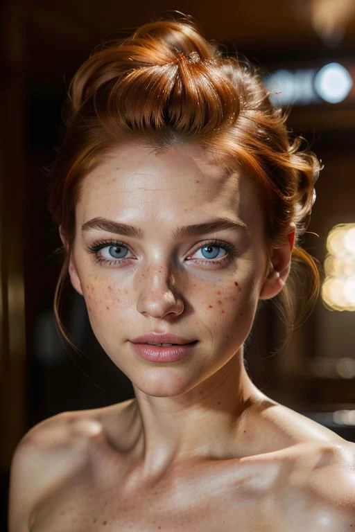 (masterpiece, best quality, highres, high resolution:1.2), extremely detailed, realistic, intricate details, (cinematic lighting, sunlight, volumetric),
1girl, extremly detailed face, extremely detailed eyes, redhead hair, Faux Hawk, hair over eyes, blush, freckles, light smile, (small breasts, thick thighs, wide hips), pussy, looking at viewer, parallel to the camera, eye-level shot, cowboy shot
<lora:realistic:0.25>