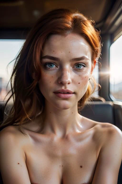 (masterpiece, best quality, highres, high resolution:1.2), extremely detailed, realistic, intricate details, (cinematic lighting, sunlight, volumetric),
1girl, extremlydetailed face, extremelydetailedeye, redhead hair, Faux Hawk, hair over eyes, blush, freckles, light smile, (small breasts, thick thighs, wide hips), pussy, looking at viewer, parallel to the camera, eye-level shot, medium close-up shot, cowboy shot
<lora:realistic:0.25>