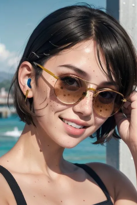 1girl, close up face, very messy short hair, freckles across bridge of nose and cheekbones, huge flirty smile, sunglasses with colored lenses, big chunky headphones