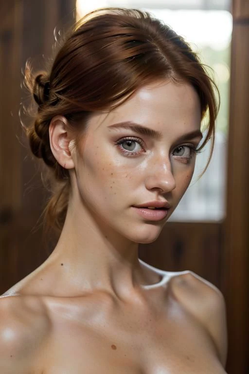 (masterpiece, best quality, highres, high resolution:1.2), extremely detailed, realistic, intricate details, (cinematic lighting, sunlight, volumetric),
1girl, extremlydetailed face, extremelydetailedeye, redhead hair, Faux Hawk, hair over eyes, blush, freckles, light smile, (small breasts, thick thighs, wide hips), pussy, looking at viewer, parallel to the camera, eye-level shot, medium close-up shot, cowboy shot
<lora:realistic:0.25>