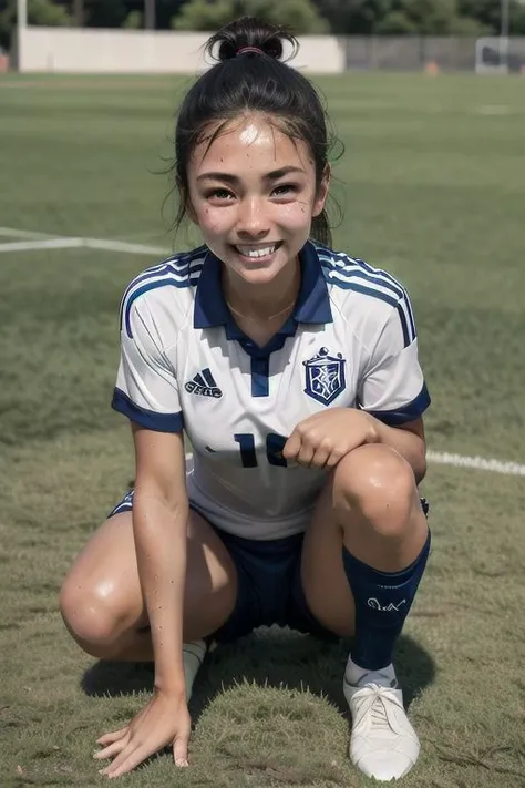 soccer uniform, soccer field, 1girl, sweaty skin, huge smile, sweaty hair, fallen on the ground