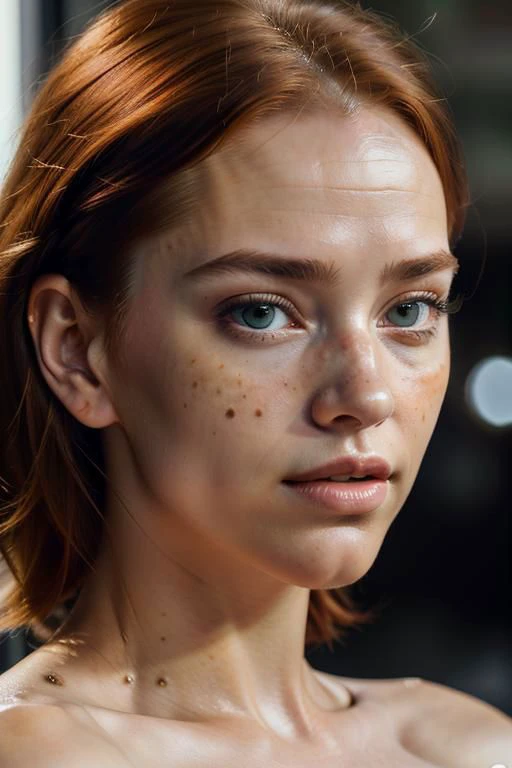 (masterpiece, best quality, highres, high resolution:1.2), extremely detailed, realistic, intricate details, (cinematic lighting, sunlight, volumetric),
1girl, extremlydetailed face, extremelydetailedeye, redhead hair, Faux Hawk, hair over eyes, blush, freckles, light smile, (small breasts, thick thighs, wide hips), pussy, looking at viewer, parallel to the camera, eye-level shot, medium close-up shot, cowboy shot
<lora:realistic:0.25>