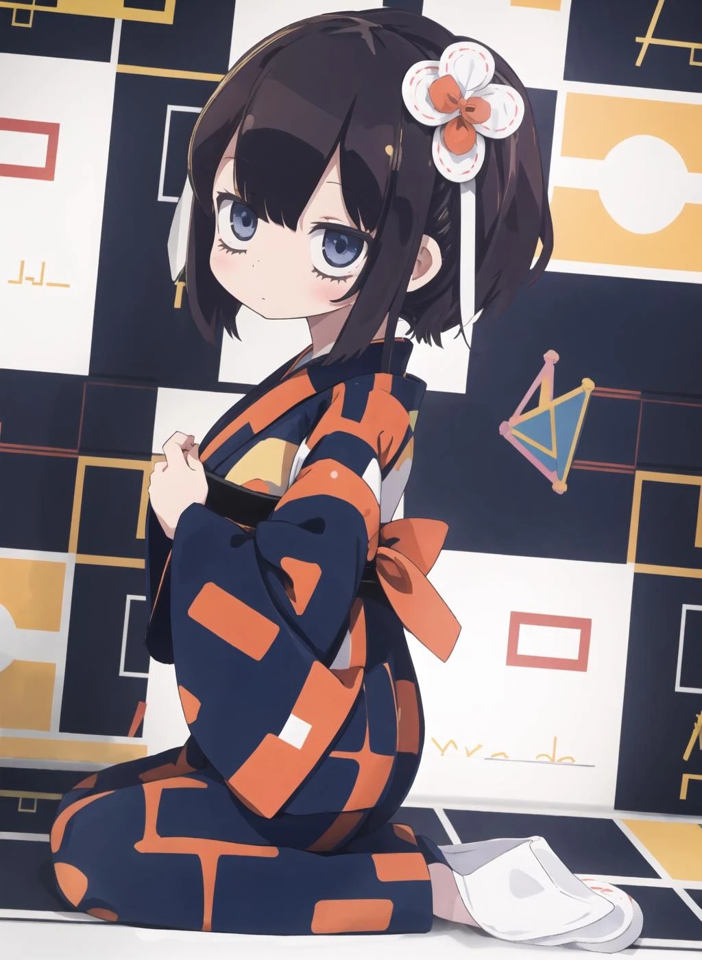 1girl,solo, (Mondrian pattern:1.2) yukata,
<lora:RXY_mix64:1>