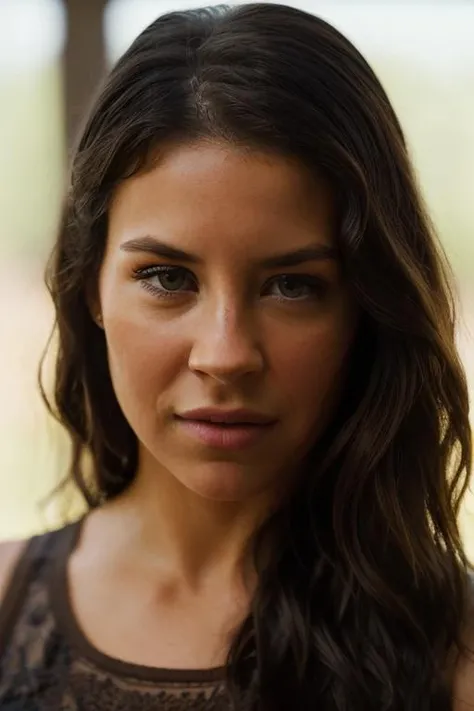 Realistic photo of a beautiful 3v4ng3l1n3l-v1 woman, 1girl, solo, long hair, black makeup, looking at viewer, brown hair, brown eyes, upper body, sleeveless, blurry, lips, blurry background, realistic, soft lighting, professional Photography, Photorealistic, detailed, RAW, analog, sharp focus, 8k, HD, DSLR, high quality, Fujifilm XT3, film grain, award winning, masterpiece<lora:3v4ng3l1n3l-v1:1.0>